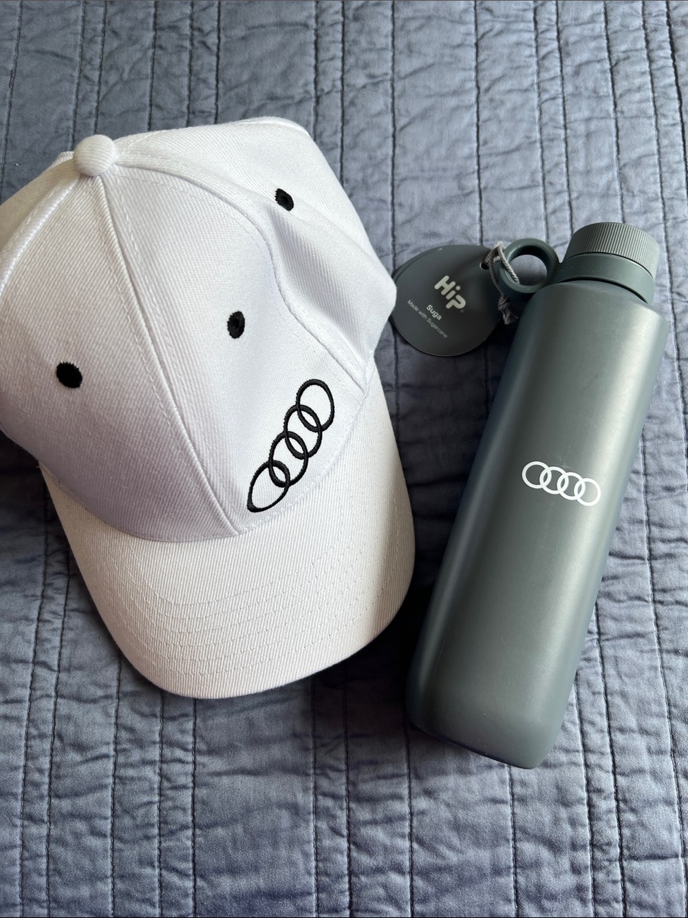 Audi White Baseball Hat and Grey Suga Plastic Waterbottle NWT